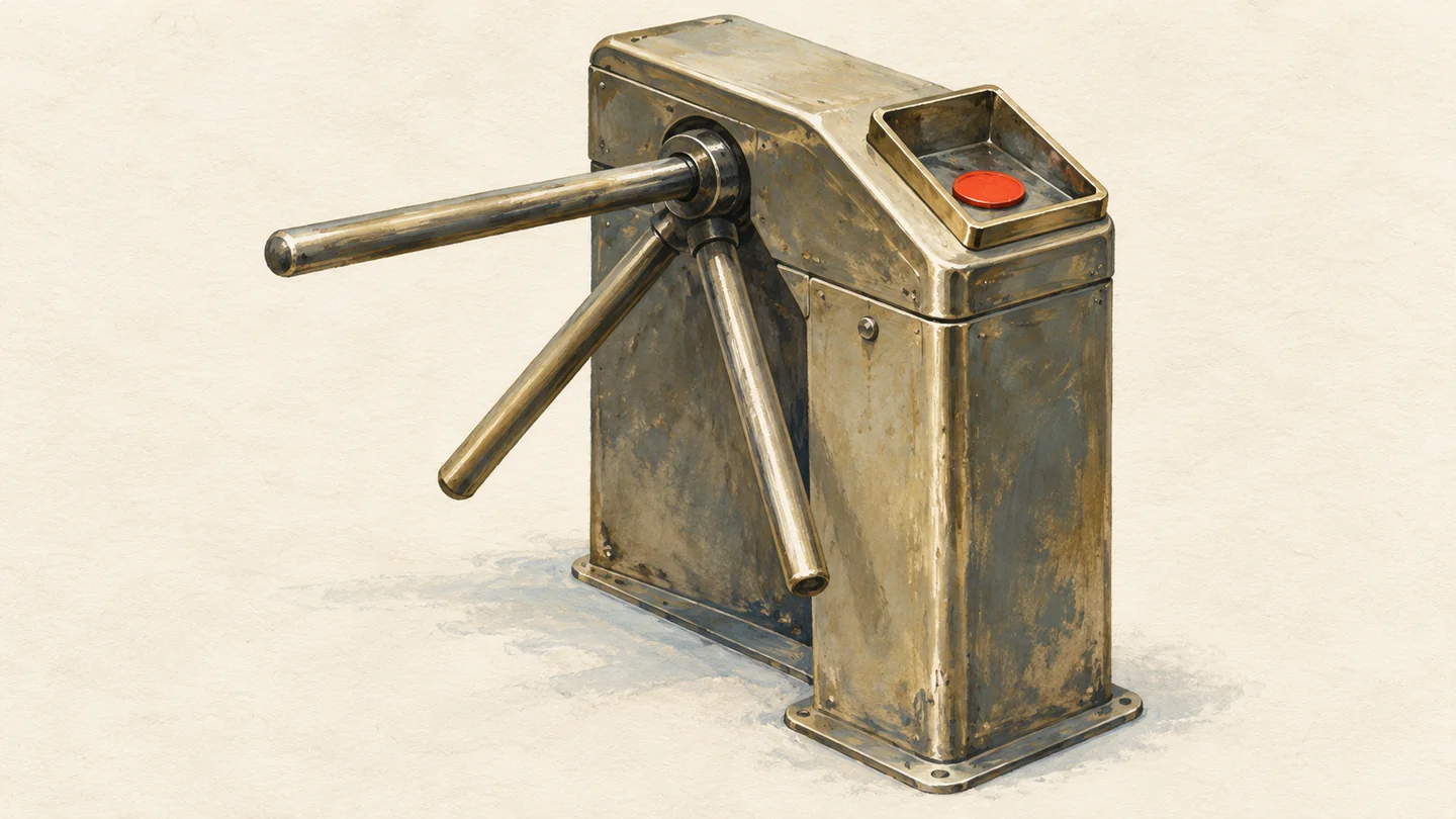 Gouache painting of an old brass turnstile with one vermilion token lying in its tray