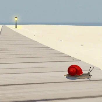 Gouache painting of a snail with a vermilion shell crawling along a long boardwalk