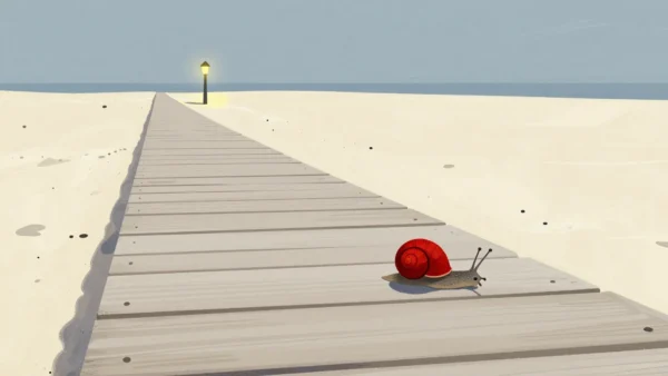 Gouache painting of a snail with a vermilion shell crawling along a long boardwalk