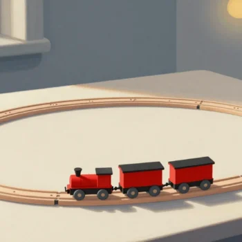 Gouache painting of a small wooden toy train with a vermilion engine on a very long winding track across a tabletop