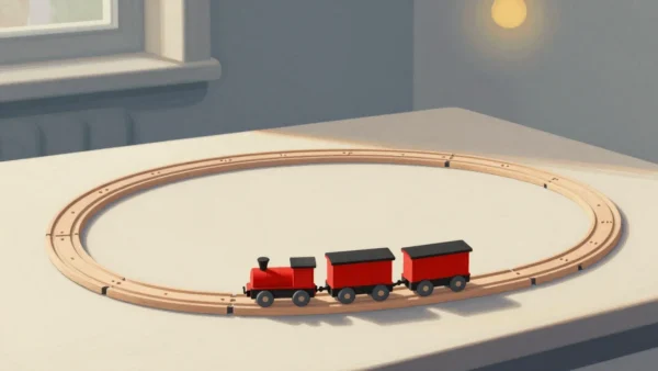 Gouache painting of a small wooden toy train with a vermilion engine on a very long winding track across a tabletop