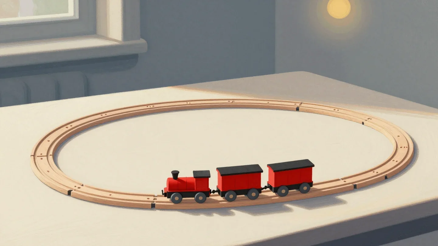 Gouache painting of a small wooden toy train with a vermilion engine on a very long winding track across a tabletop