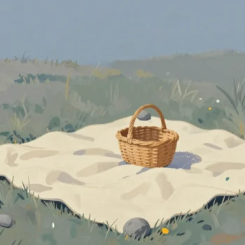 Gouache painting of a picnic blanket pinned down at its corners by stones, one of them vermilion