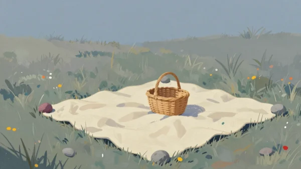 Gouache painting of a picnic blanket pinned down at its corners by stones, one of them vermilion