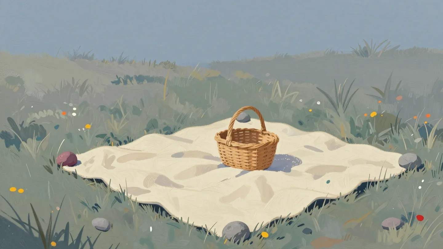 Gouache painting of a picnic blanket pinned down at its corners by stones, one of them vermilion