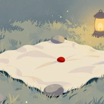 Gouache painting of a picnic blanket held down by grey stones on a meadow, with a small vermilion spot at its center