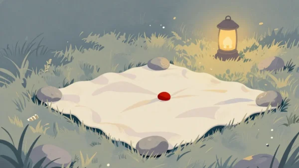 Gouache painting of a picnic blanket held down by grey stones on a meadow, with a small vermilion spot at its center