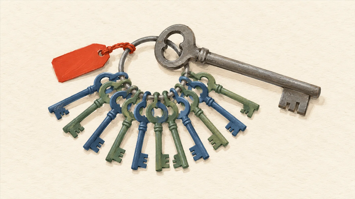 Gouache painting of a large antique master key lying across a ring that holds a dozen smaller identical keys, with one vermilion tag tied to the ring.