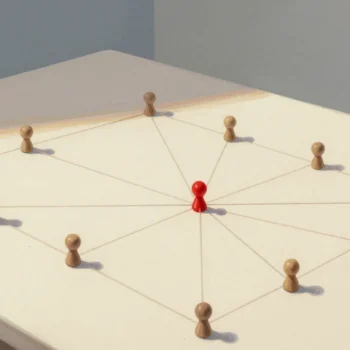 Gouache painting of a table with wooden pegs joined by thin threads and one vermilion peg at the centre