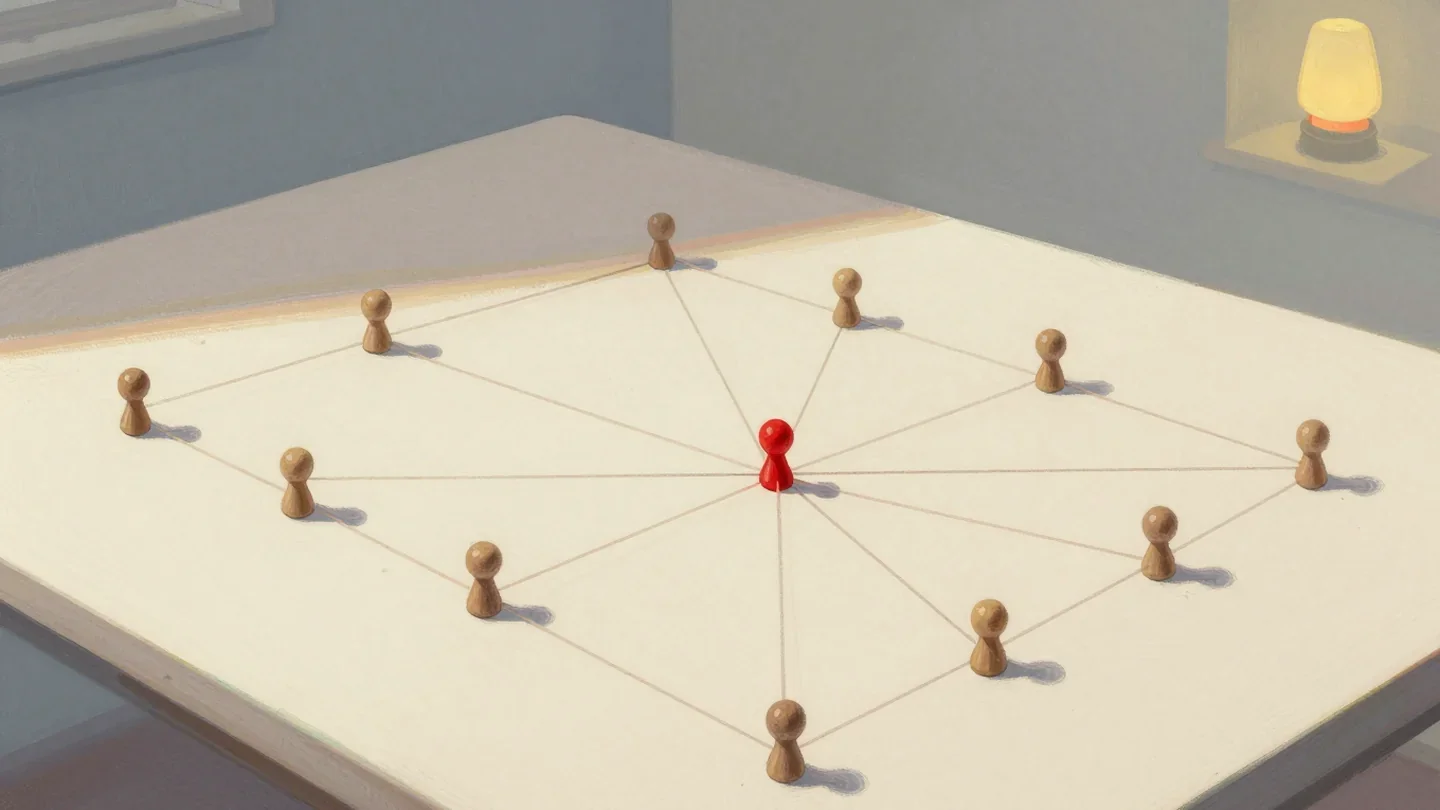 Gouache painting of a table with wooden pegs joined by thin threads and one vermilion peg at the centre