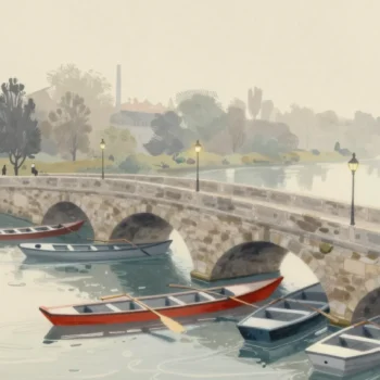 Gouache painting of rowing boats jammed at a narrow stone arch with one vermilion boat past it