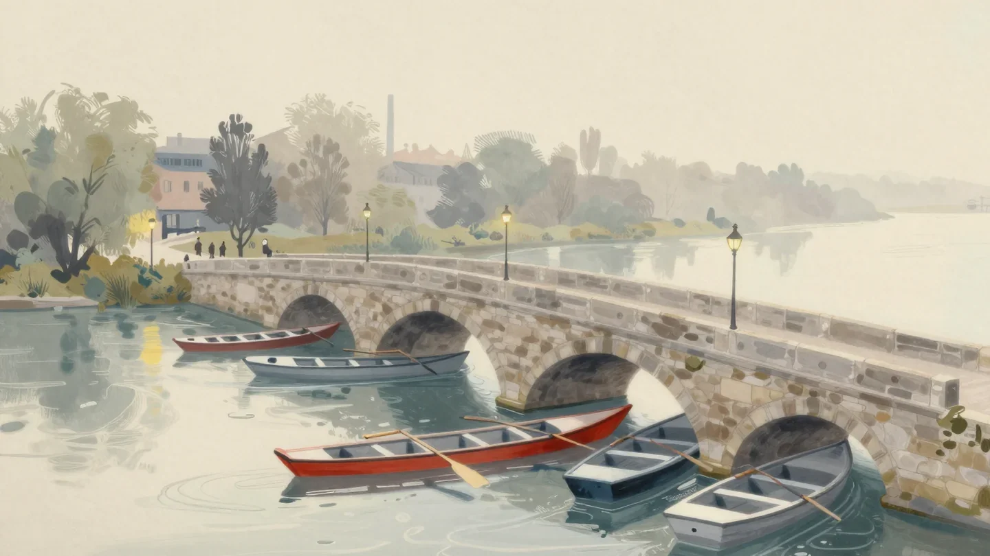 Gouache painting of rowing boats jammed at a narrow stone arch with one vermilion boat past it