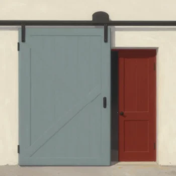 Gouache painting of a large stuck barn door with a small vermilion side door ajar