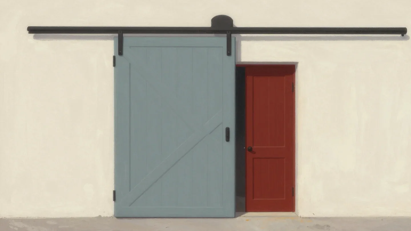 Gouache painting of a large stuck barn door with a small vermilion side door ajar