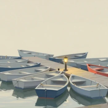 Gouache painting of a crowd of small rowboats at a narrow quay with one vermilion boat at the end