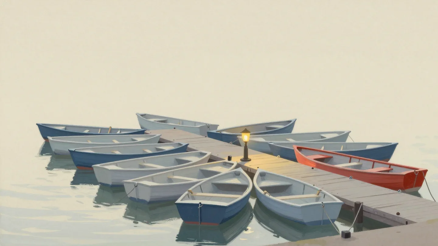 Gouache painting of a crowd of small rowboats at a narrow quay with one vermilion boat at the end