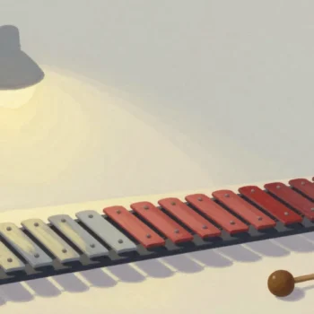 Gouache painting of a xylophone with grey bars on the left and vermilion bars on the right, with a mallet beside it