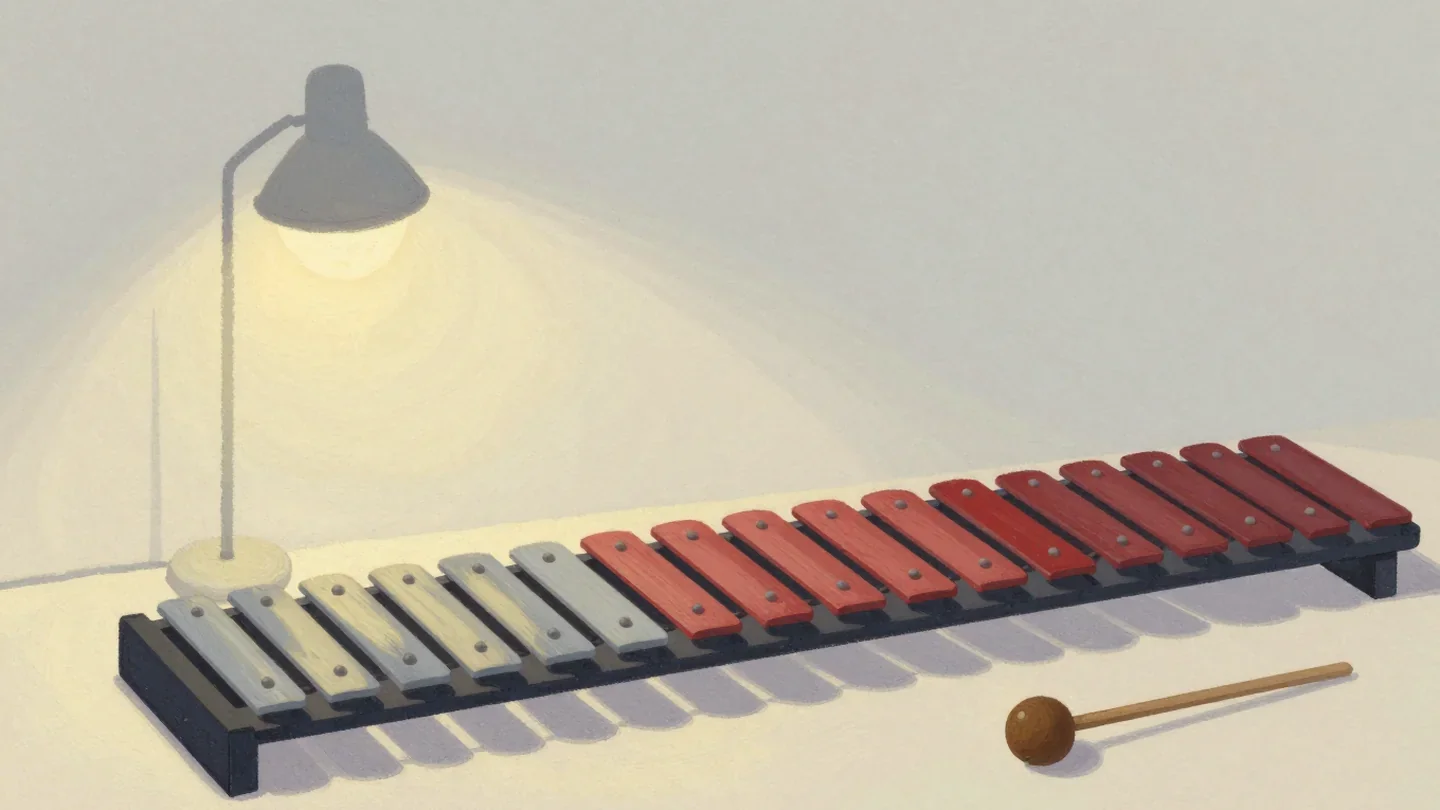Gouache painting of a xylophone with grey bars on the left and vermilion bars on the right, with a mallet beside it