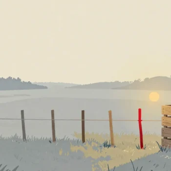 Gouache painting of a row of wooden stakes and a crate stack in a meadow with one vermilion stake