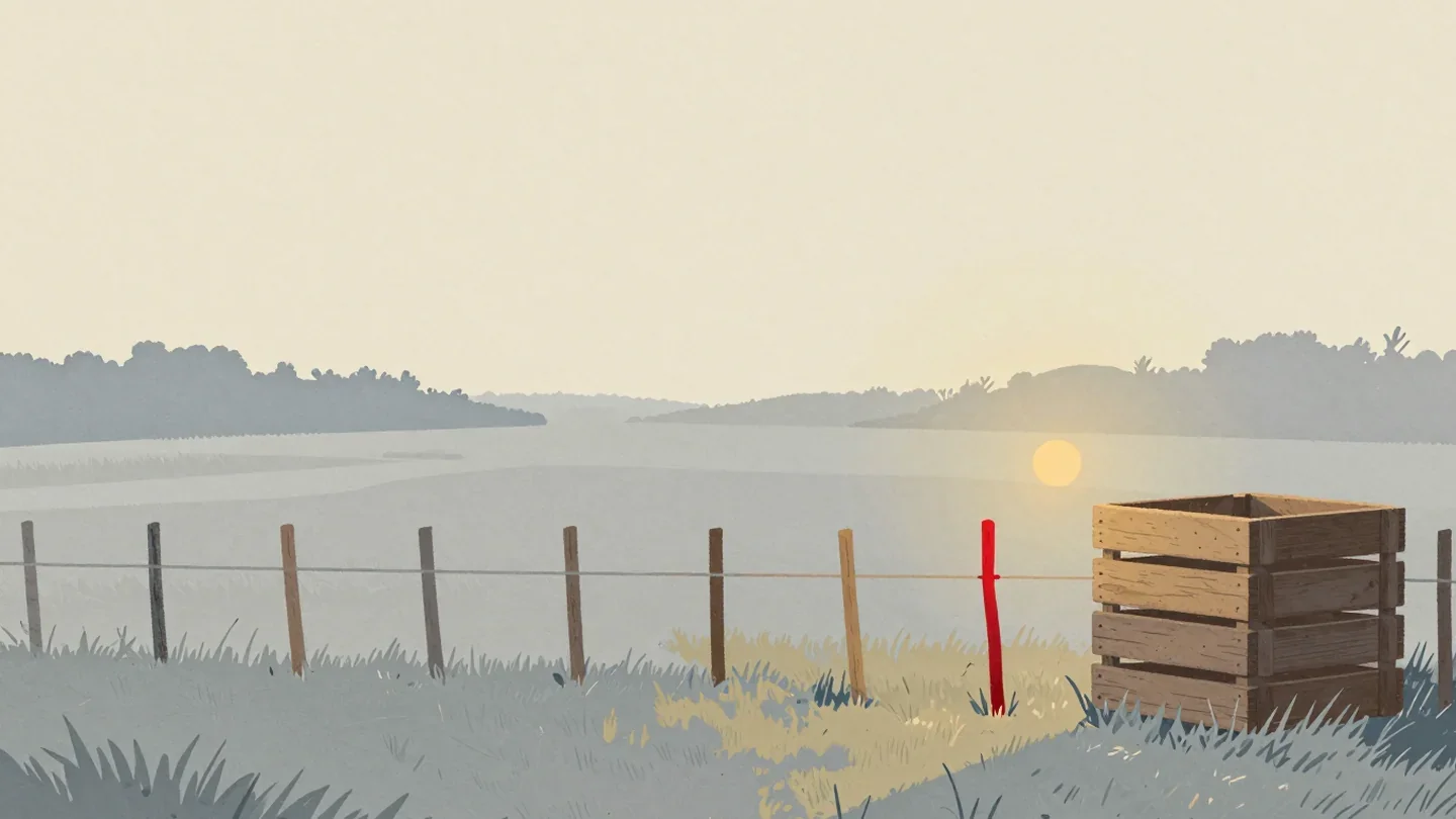 Gouache painting of a row of wooden stakes and a crate stack in a meadow with one vermilion stake