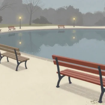 Gouache painting of a row of park benches looking out over a pond with one vermilion bench turned the other way
