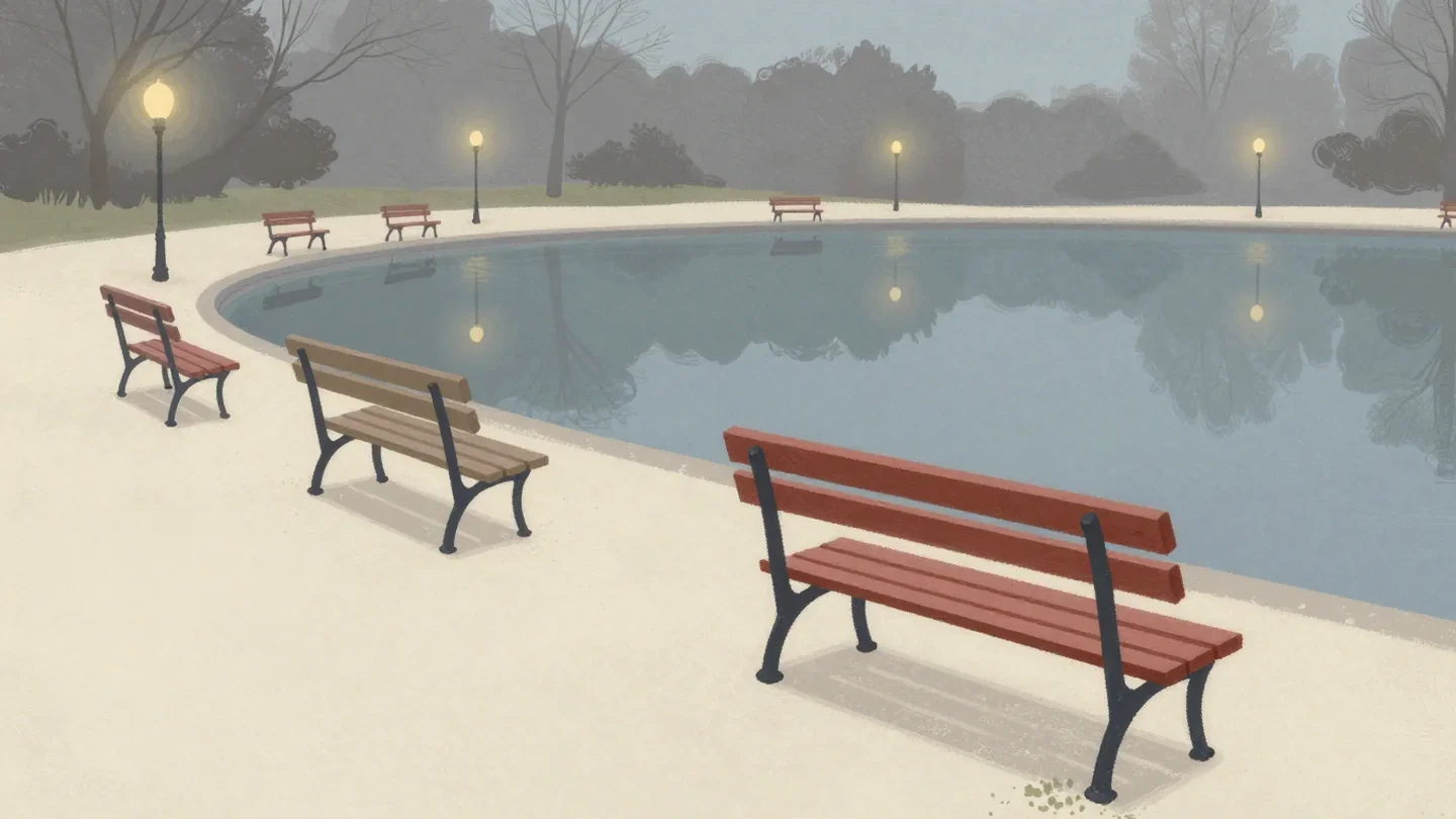 Gouache painting of a row of park benches looking out over a pond with one vermilion bench turned the other way