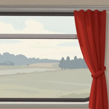 Gouache painting of a train compartment window with a vermilion curtain pulled aside to reveal the countryside