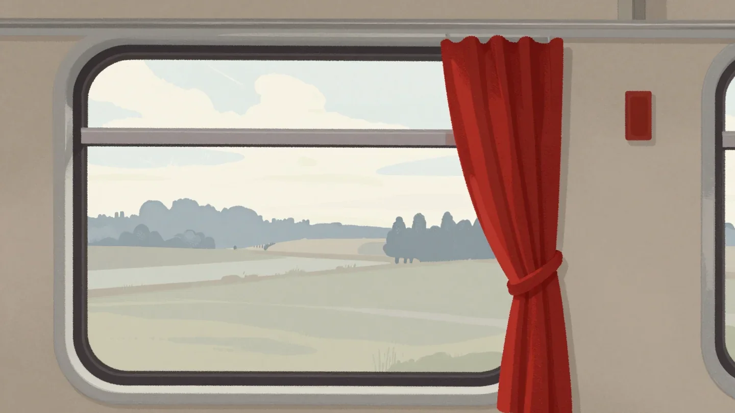 Gouache painting of a train compartment window with a vermilion curtain pulled aside to reveal the countryside