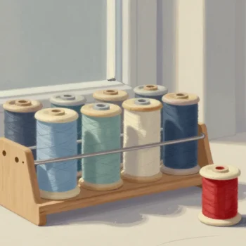 Gouache painting of a full wooden spool rack with one vermilion spool left over on the table