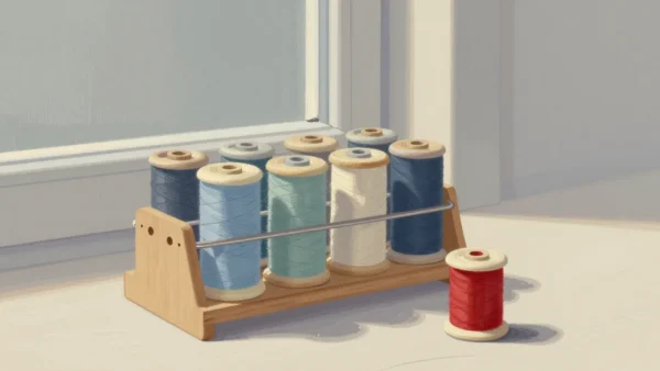 Gouache painting of a full wooden spool rack with one vermilion spool left over on the table