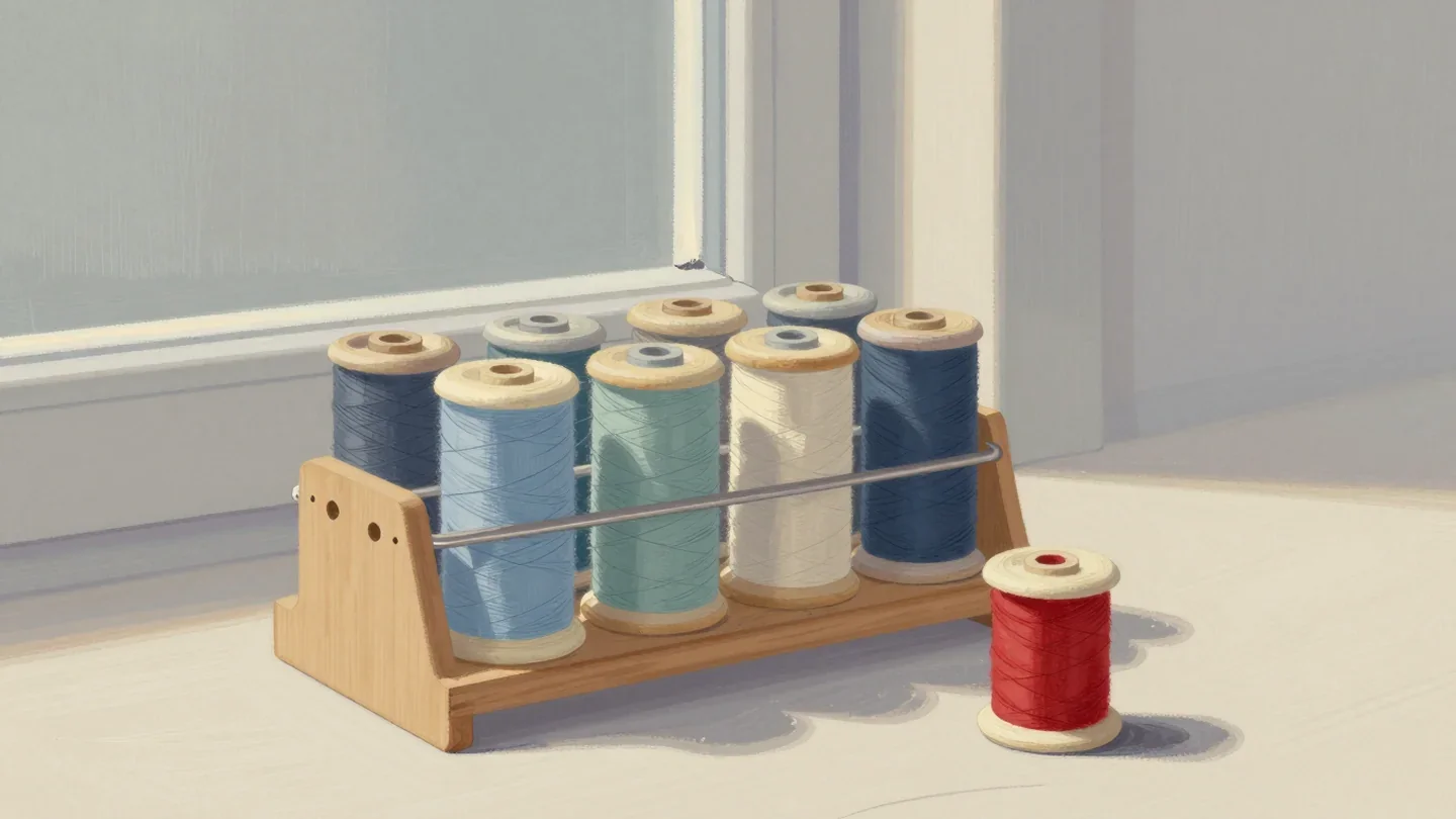 Gouache painting of a full wooden spool rack with one vermilion spool left over on the table