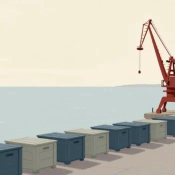 Gouache painting of a single small red crane on a quay with a long line of crates waiting to be moved