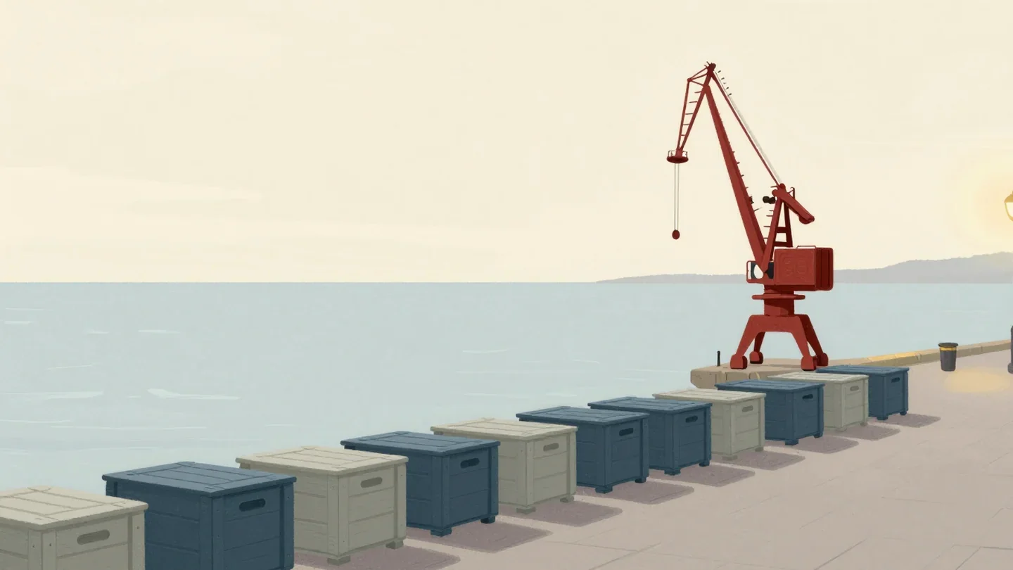 Gouache painting of a single small red crane on a quay with a long line of crates waiting to be moved