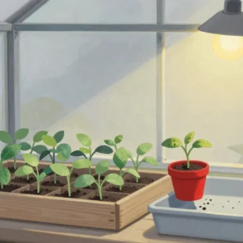 Gouache painting of a crowded seed tray splitting into two trays with one seedling pot painted red
