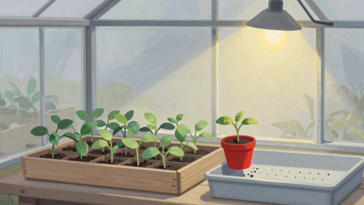 Gouache painting of a crowded seed tray splitting into two trays with one seedling pot painted red
