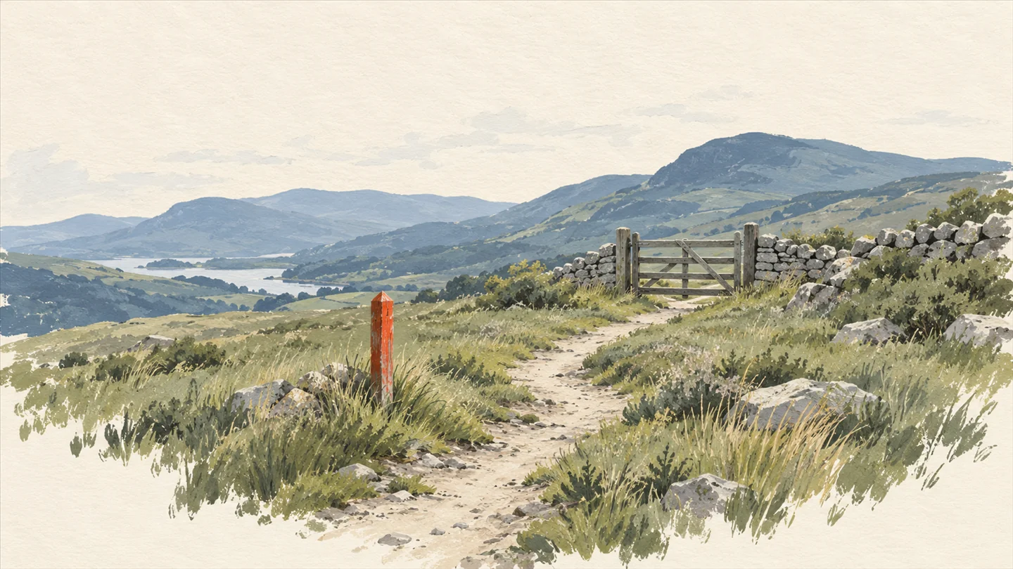 Gouache painting of a worn footpath winding through a sage-green meadow toward a plain wooden gate, slate-blue hills beyond and one vermilion waymarker post beside the path
