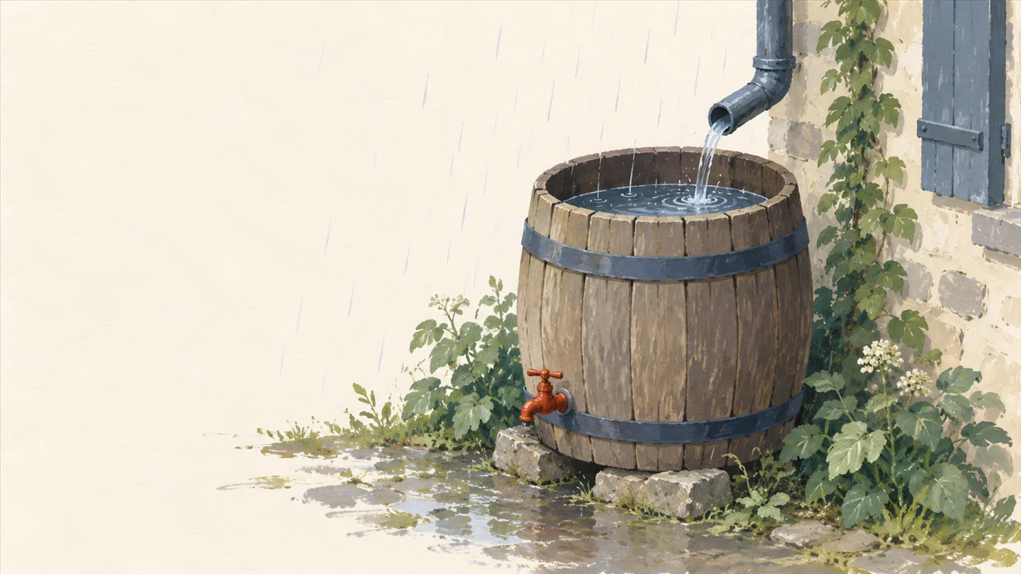Gouache painting of a wooden rain barrel beside a cottage wall catching a gentle drizzle, the barrel half full in slate blue and grey, with a vermilion tap on its side