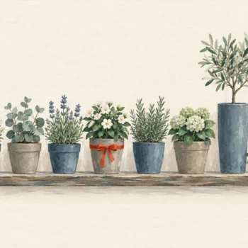 Gouache painting of a row of ten clay flowerpots on a long wooden shelf, nine of similar height and one much taller, with a vermilion ribbon tied round the pot of middle height