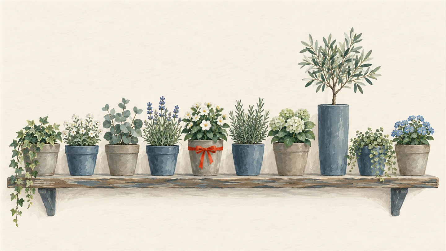 Gouache painting of a row of ten clay flowerpots on a long wooden shelf, nine of similar height and one much taller, with a vermilion ribbon tied round the pot of middle height