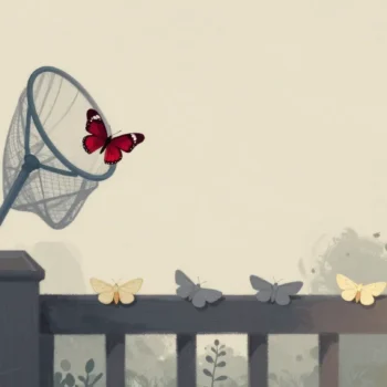 Gouache painting of a butterfly net on a garden fence holding one vermilion butterfly among resting grey moths