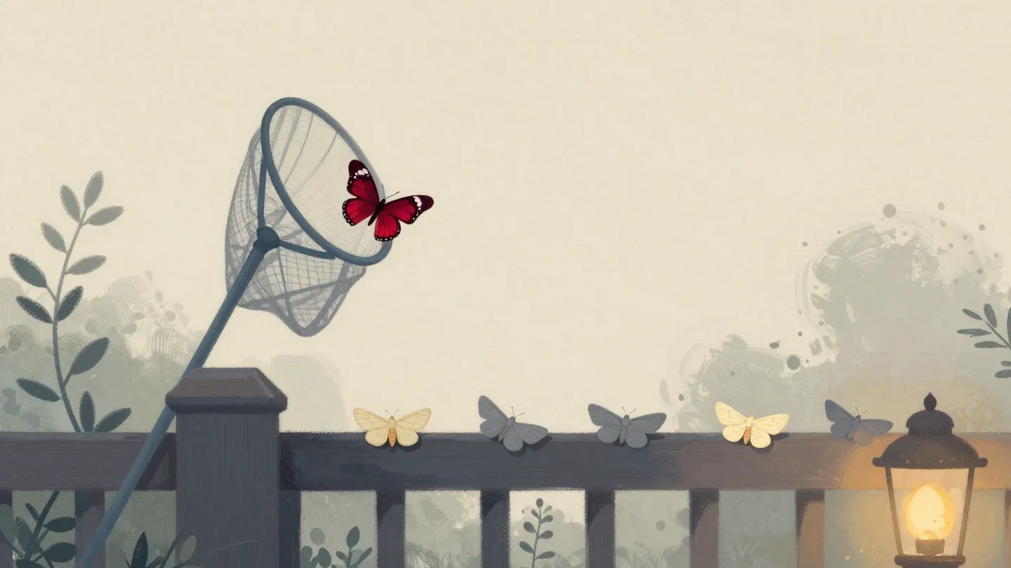 Gouache painting of a butterfly net on a garden fence holding one vermilion butterfly among resting grey moths