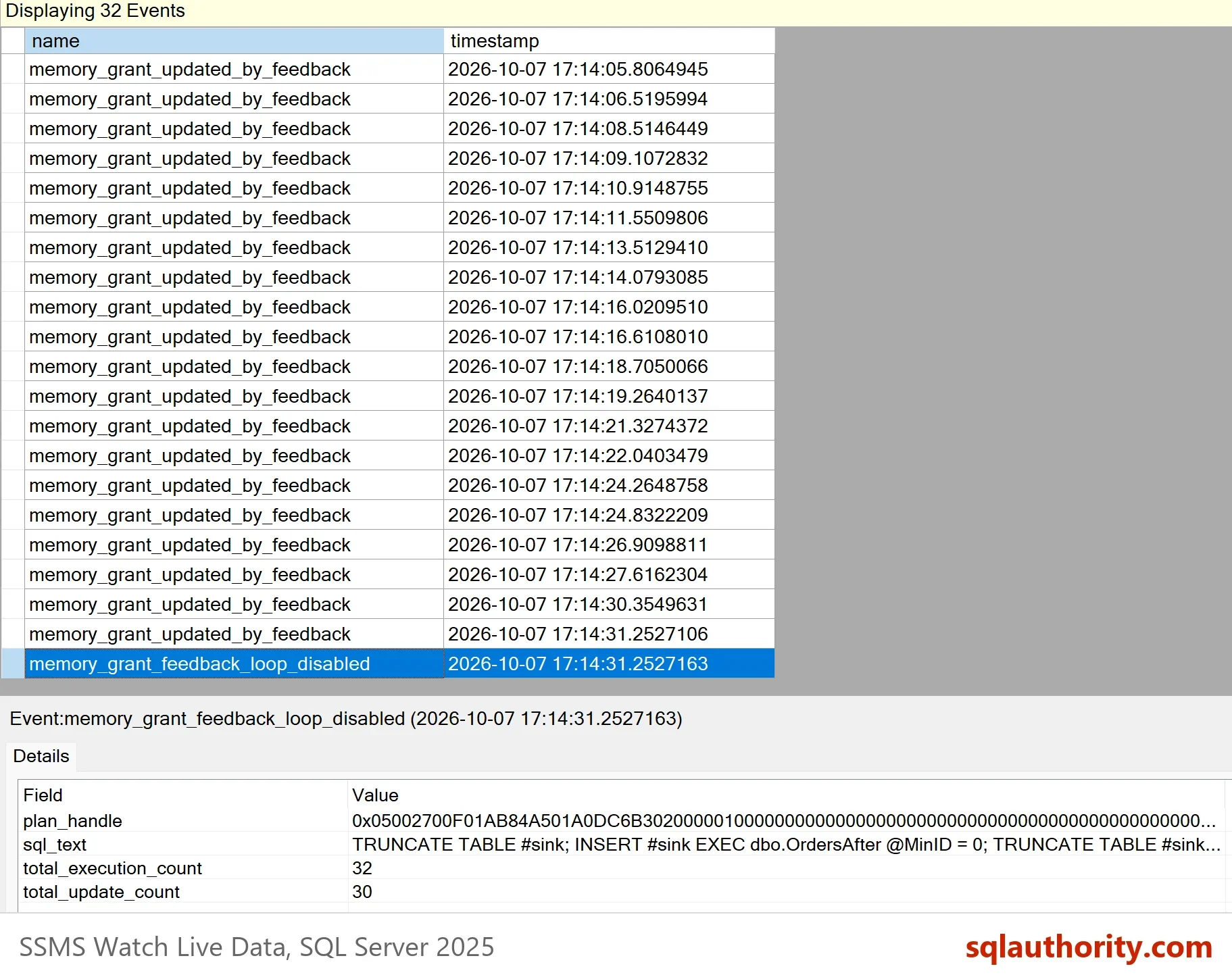 SSMS Watch Live Data for the MemoryGrantFeedback session: memory_grant_updated_by_feedback rows by timestamp and the selected memory_grant_feedback_loop_disabled row, whose Details show total_execution_count 32 and total_update_count 30
