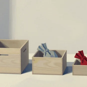 Gouache painting of three wooden boxes of growing size, with a blue fabric bundle in the middle one and a vermilion bundle in the smallest