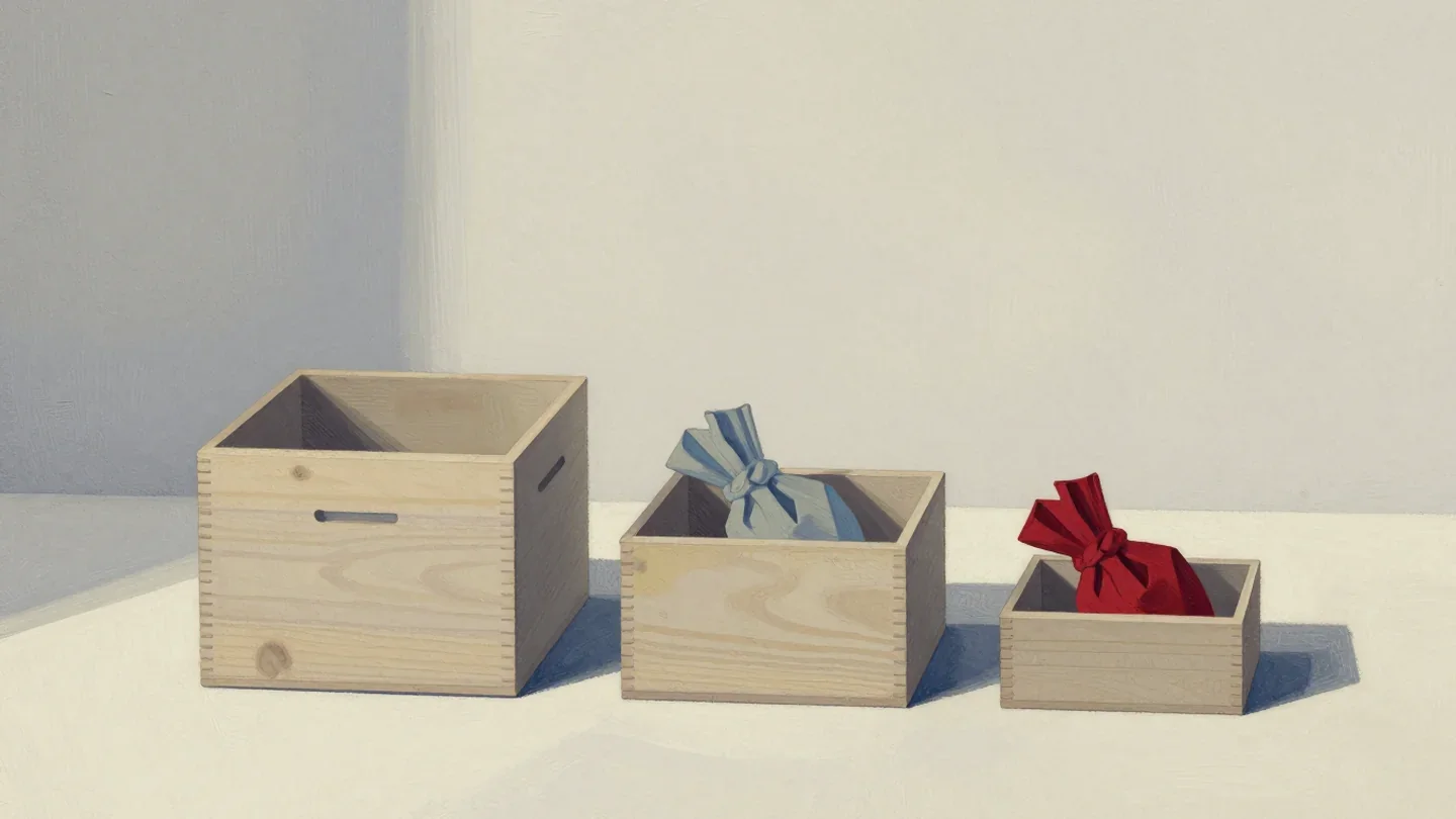 Gouache painting of three wooden boxes of growing size, with a blue fabric bundle in the middle one and a vermilion bundle in the smallest