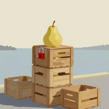Gouache painting of a stack of wooden crates with one pear on top and a vermilion padlock, beside smaller crates on a harbor quay