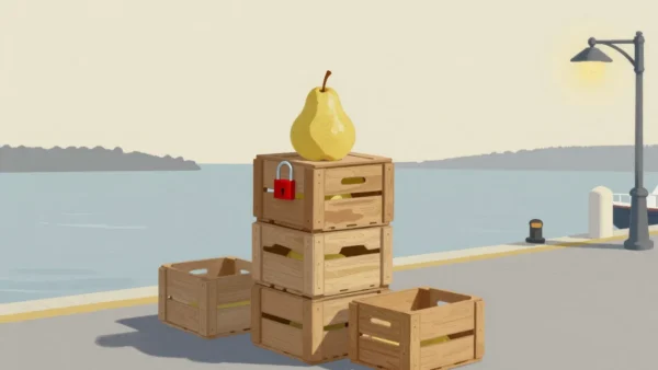 Gouache painting of a stack of wooden crates with one pear on top and a vermilion padlock, beside smaller crates on a harbor quay