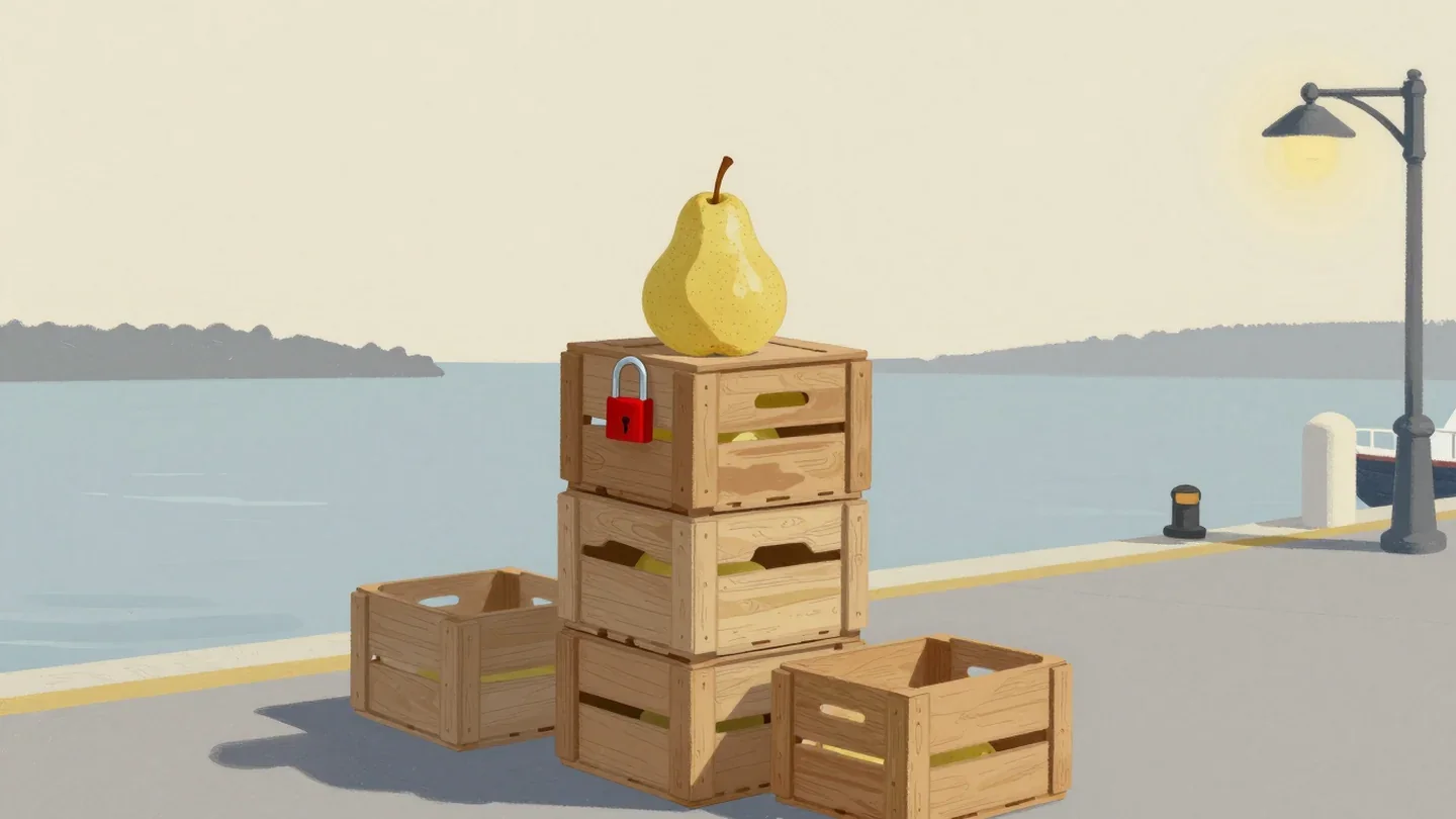 Gouache painting of a stack of wooden crates with one pear on top and a vermilion padlock, beside smaller crates on a harbor quay