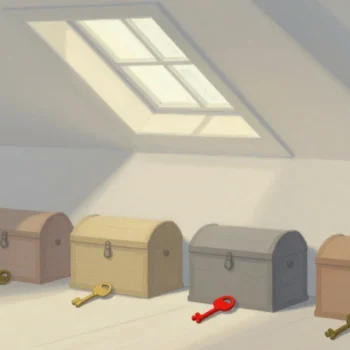Gouache painting of four wooden chests in an attic with their keys in front and one key in vermilion
