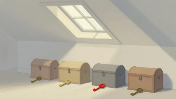 Gouache painting of four wooden chests in an attic with their keys in front and one key in vermilion