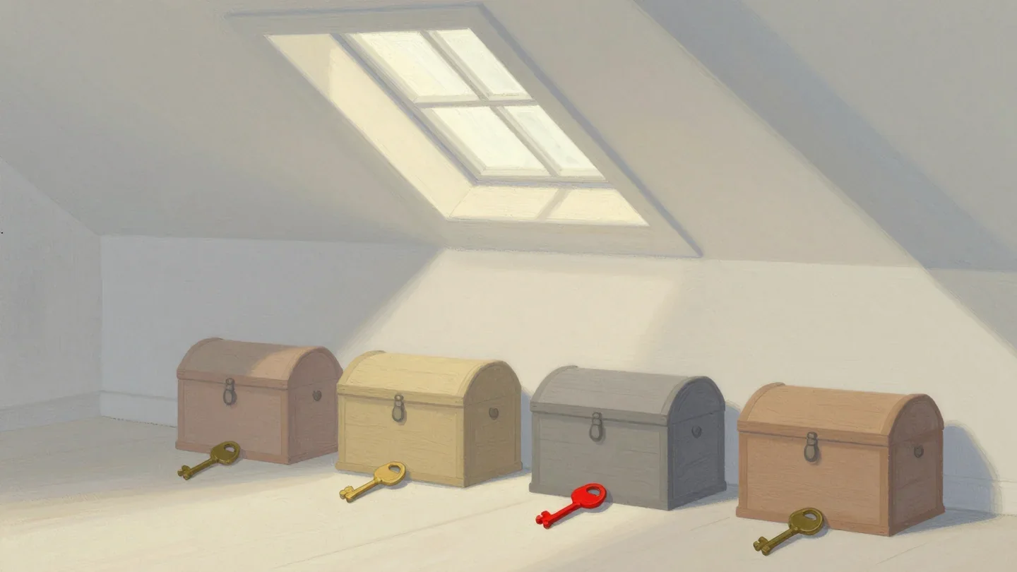 Gouache painting of four wooden chests in an attic with their keys in front and one key in vermilion